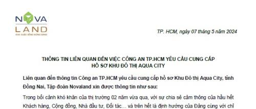 THÔNG TIN LIÊN QUAN ĐẾN VIỆC CÔNG AN TP.HCM YÊU CẦU CUNG CẤP HỒ SƠ KHU ĐÔ THỊ AQUA CITY