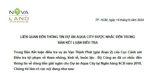 LIÊN QUAN ĐẾN THÔNG TIN DỰ ÁN AQUA CITY ĐƯỢC NHẮC ĐẾN TRONG BẢN KẾT LUẬN ĐIỀU TRA